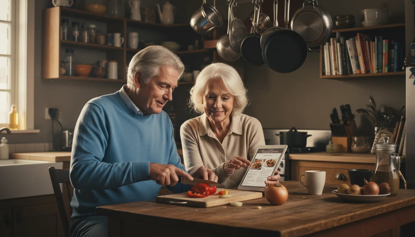 An older man chops vegetables at a kitchen island while an older woman shows him a Dinnerly digital recipe on a tablet.