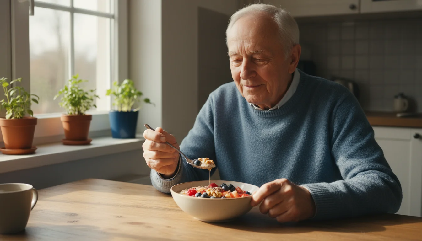 An older man in a comfortable sweater sits at a kitchen table, looking at a bowl of oatmeal with berries and walnuts.