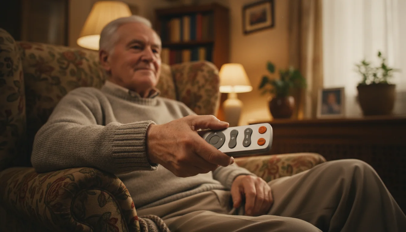 An older man with a content smile sits in an armchair, holding a simplified TV remote with large, clear buttons, watching television.