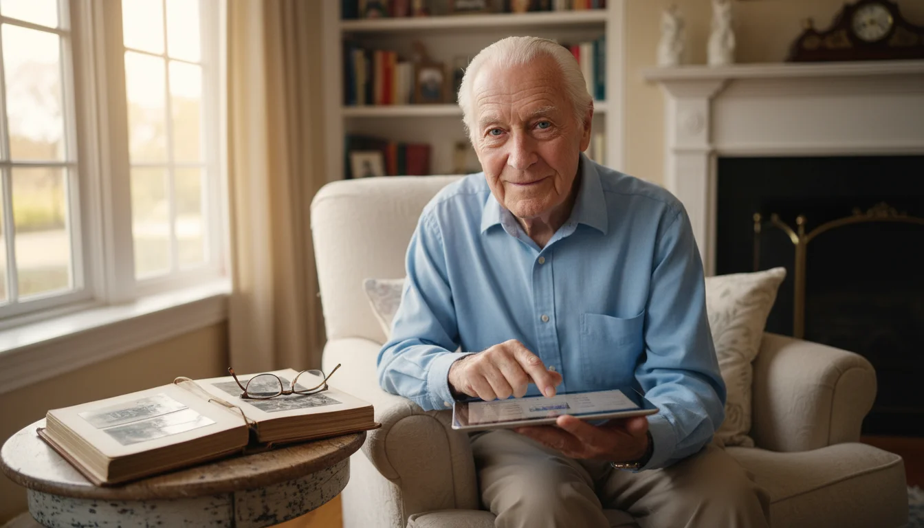 Older man creating a music playlist on a tablet, with an open photo album and a vinyl record on a nearby table.