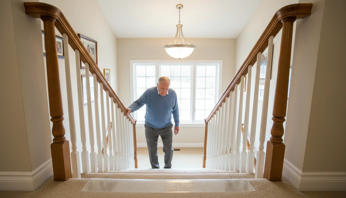 An older man descends clear, well-lit residential stairs, gripping a sturdy handrail. Bright non-slip strips mark each step.