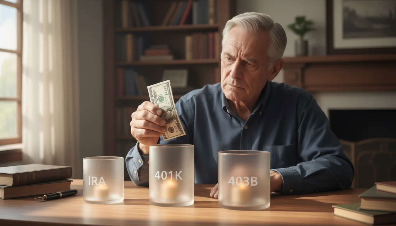 Older man at desk with three labeled financial containers: IRA, 401k, 403b. He holds money from one, thoughtfully looking at another.
