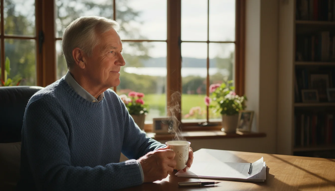 Older man at a desk by a window, holding a mug and looking out calmly. Organized papers are on the desk.