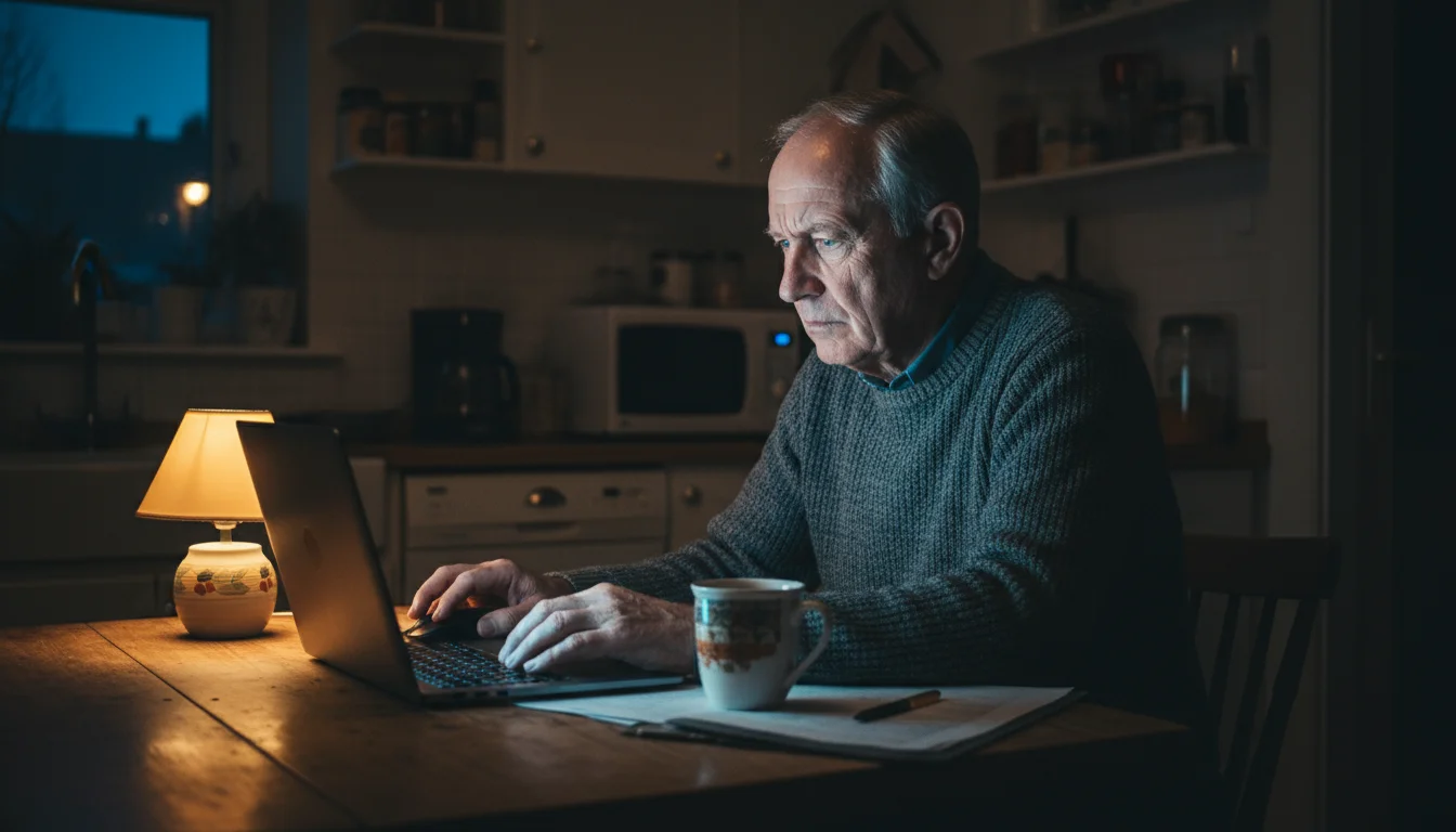 An older man in a dimly lit kitchen at night, intently focused on his laptop screen, illuminated by its glow and a small lamp.