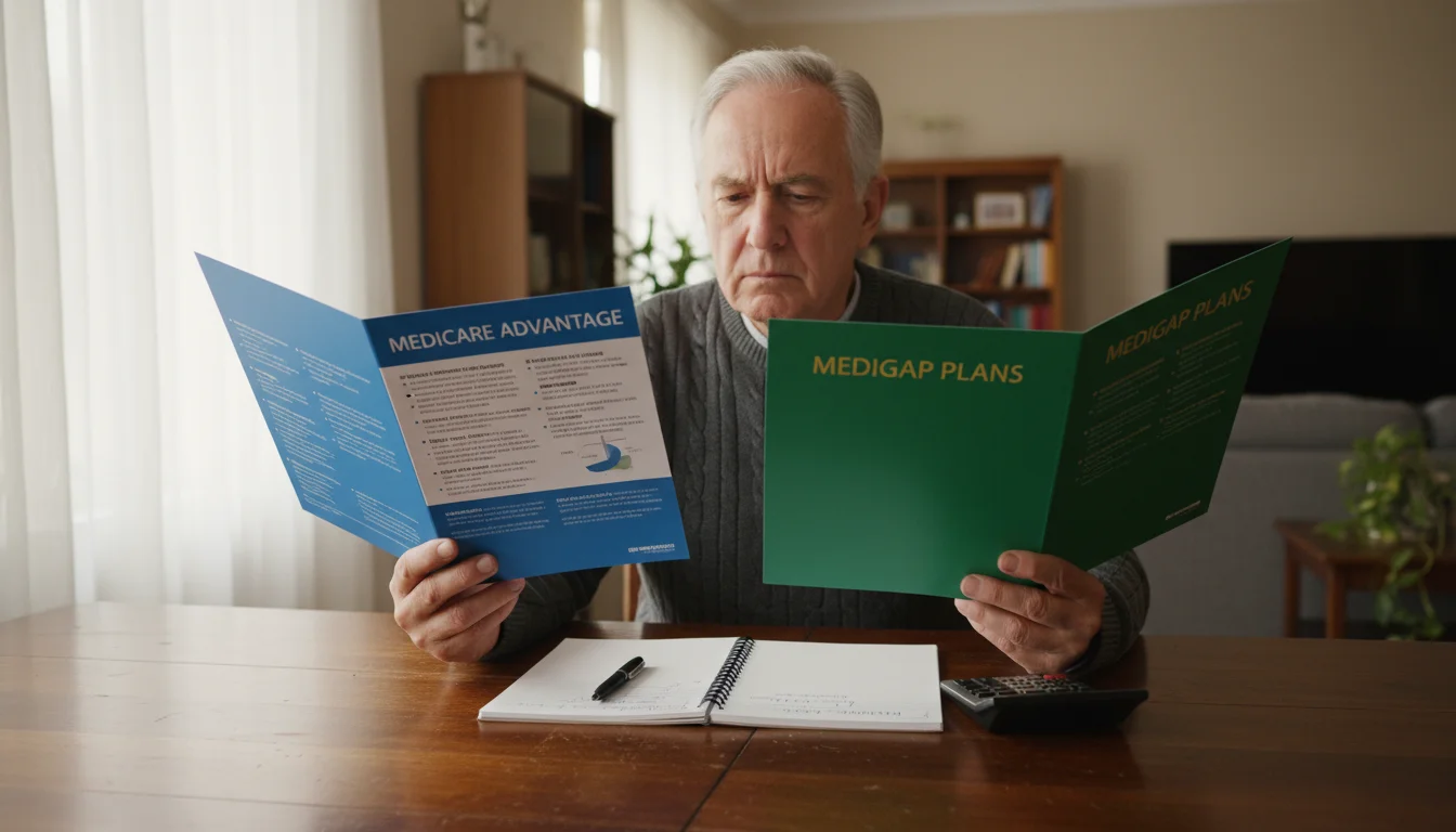 Older man at dining table comparing two healthcare plan brochures, with notes, in natural light.