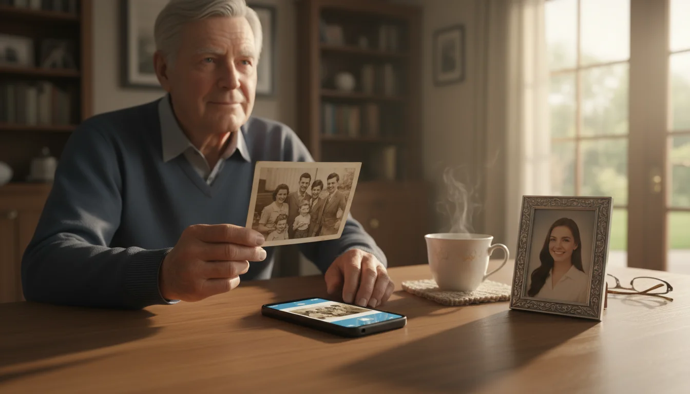 Older man at a dining table holding an old photograph, with a smartphone showing a scanning app nearby, beside a stack of other photos.