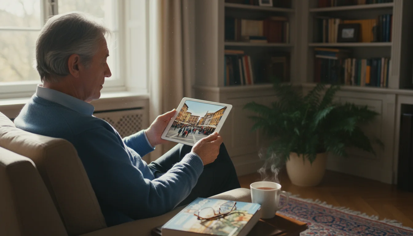 Older man, early 70s, looking intently at a tablet displaying a vibrant European city scene in a sunny living room.