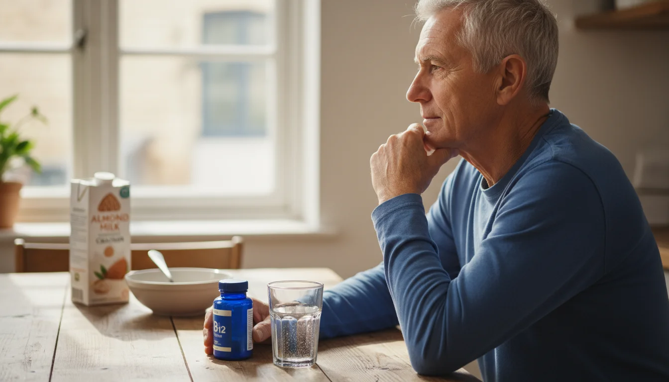 Older man, early 70s, at a kitchen table, a B12 supplement bottle and glass of water before him, with a plant milk carton in the background.