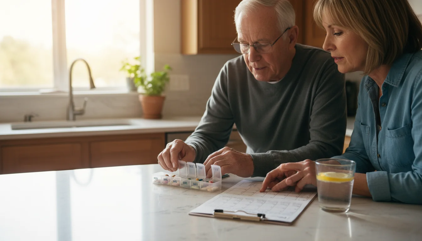 An older man fills a pill organizer while his adult daughter points to a calendar and medication list beside him on a counter.