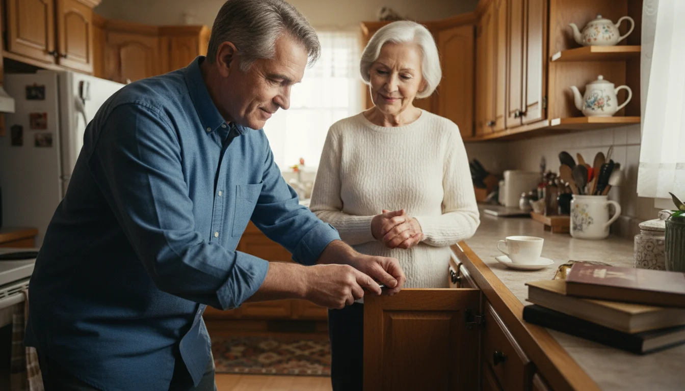 An older man, focused, tightening a kitchen cabinet hinge with a screwdriver, while an older woman watches with a grateful smile.