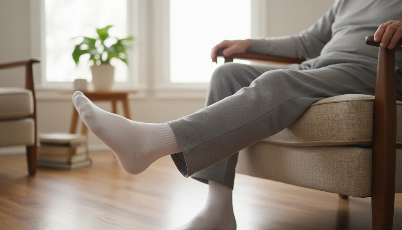 Older man's foot rotating in a gentle circle while seated in a sturdy armchair, performing an ankle mobility exercise.