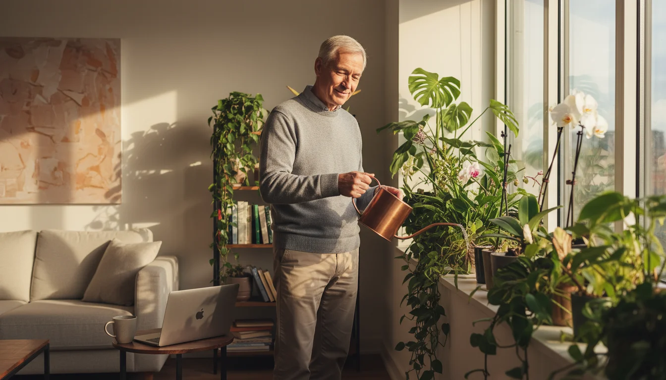 Older man with a gentle expression watering a vibrant houseplant by a sunlit window, a closed laptop nearby.
