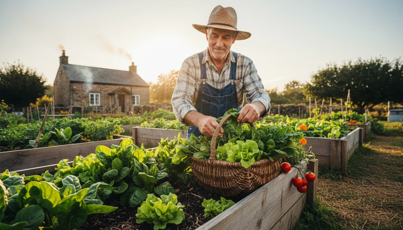 An older man with a gentle smile carefully picks fresh spinach leaves from a sunlit raised garden bed.
