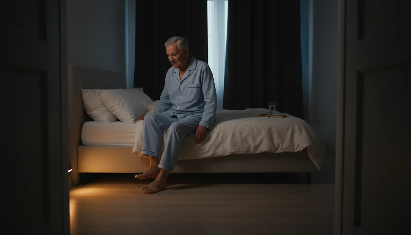 An older man carefully gets out of bed at night in a calm, clutter-free bedroom, illuminated by a soft nightlight.