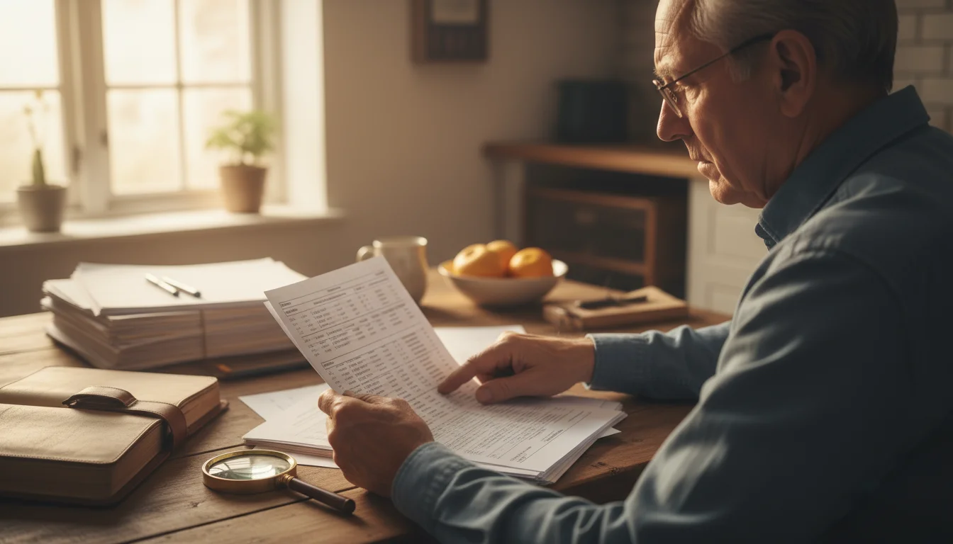 Older man in glasses, brow furrowed, studies dense financial document with a magnifying glass on a kitchen table.