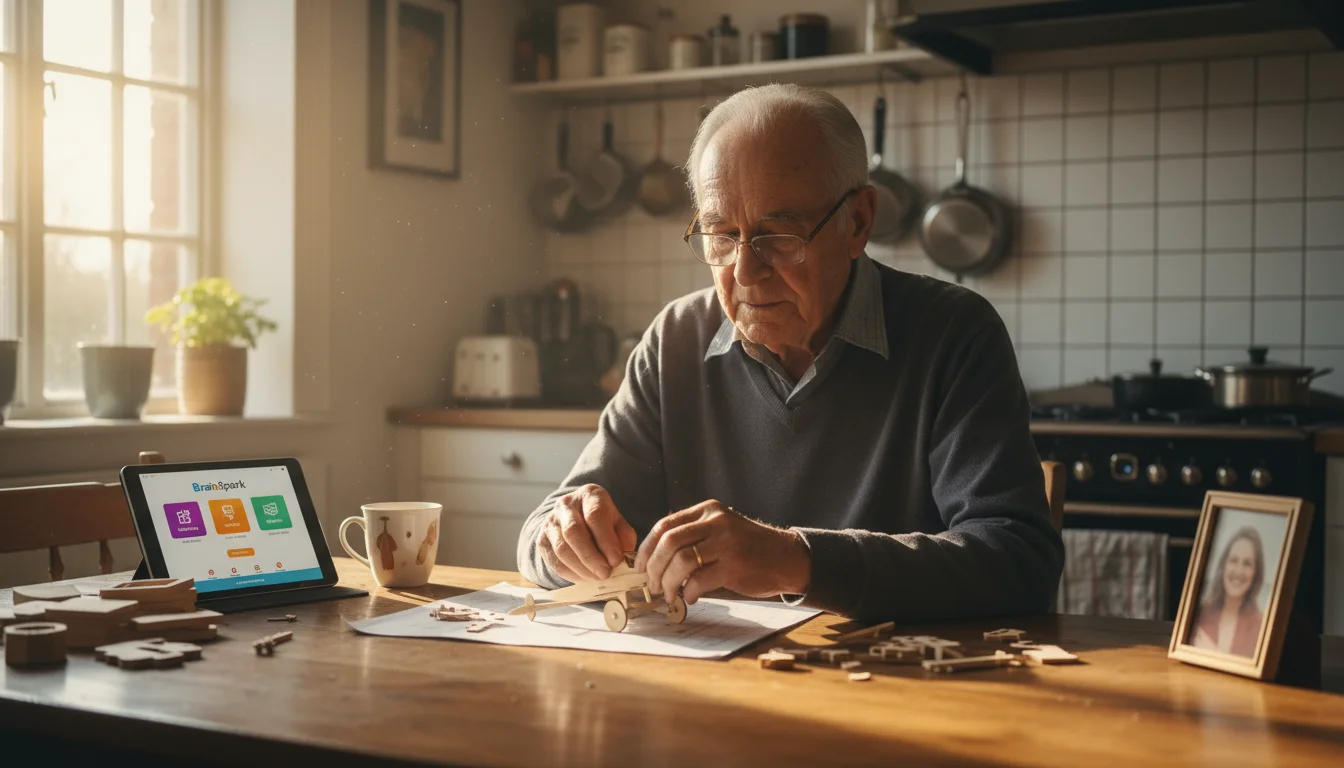 An older man in glasses, early 80s, focused on assembling a wooden model airplane kit at a kitchen table. A tablet with an app is nearby.