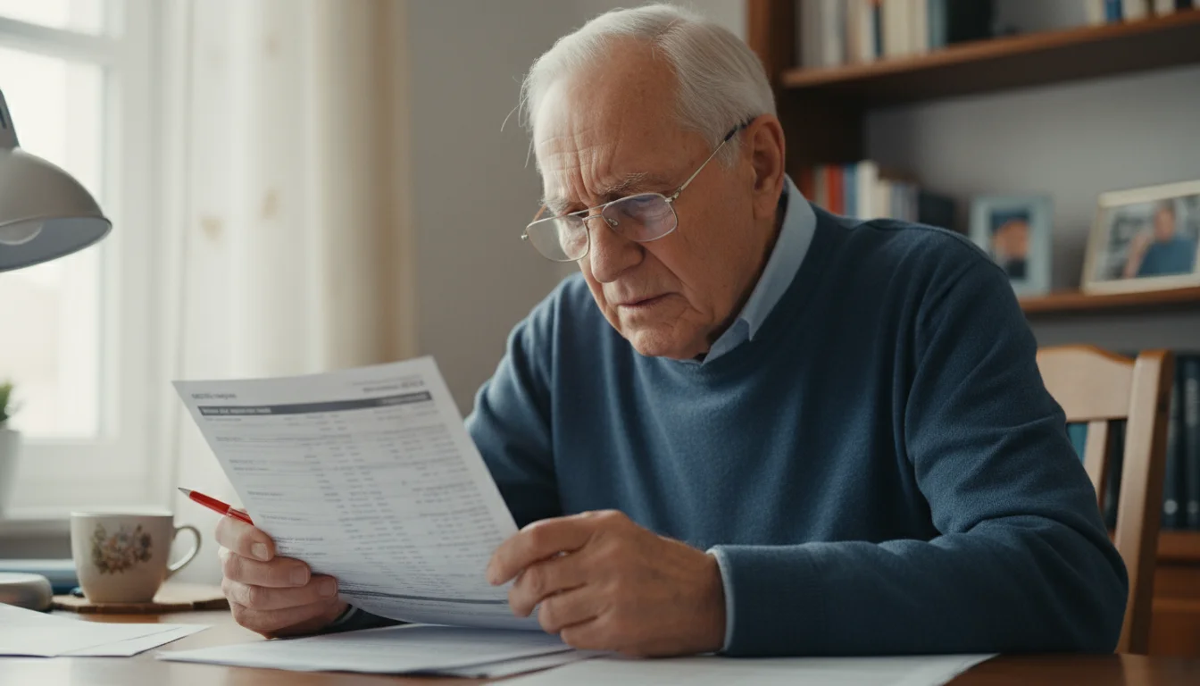 An older man in glasses at a home desk squints, leaning in to read very small print on a bank flyer, holding a red pen.