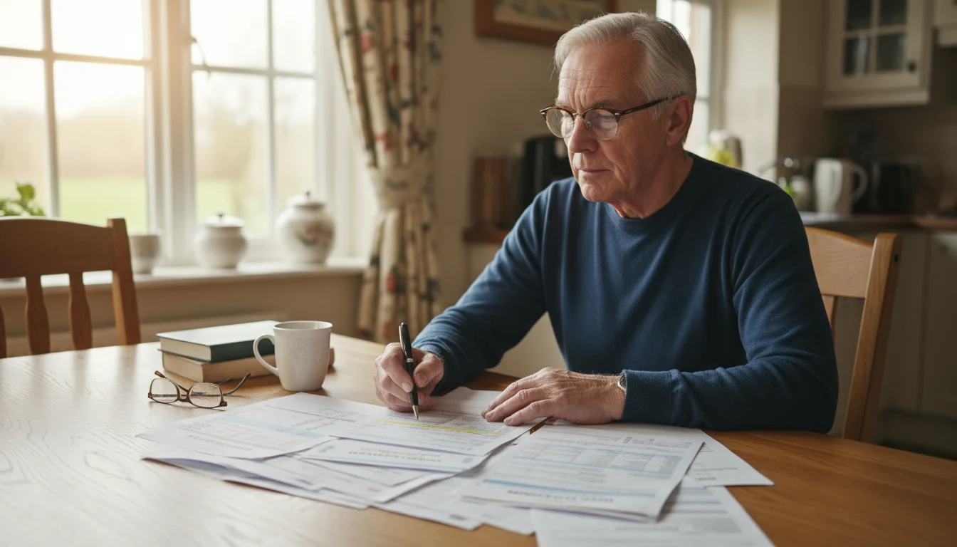 An older man with glasses intently studies financial documents and insurance forms spread on his kitchen table, a pen in hand.