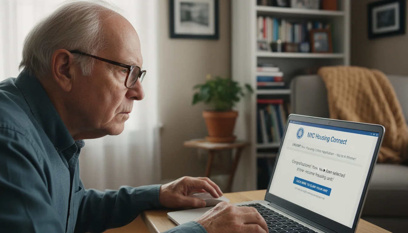 Older man with glasses looks suspiciously at a laptop screen showing a fake housing lottery email with a non-.gov address.