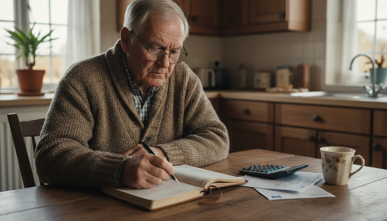 An older man with glasses reviews a hand-written ledger, calculator, and financial statements on his kitchen table.