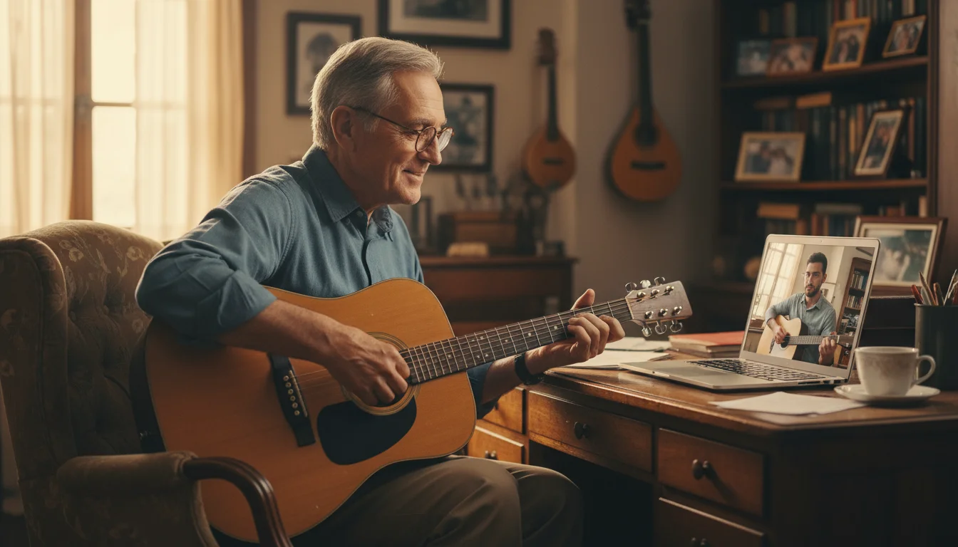 An older man with glasses sits at a desk, holding an acoustic guitar and teaching a young adult online via laptop.