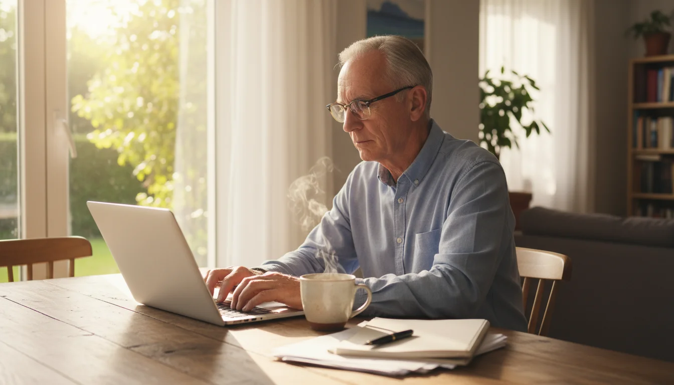 Older man with glasses typing on a laptop at a sunlit wooden dining table with tea and papers, with a window in the background.