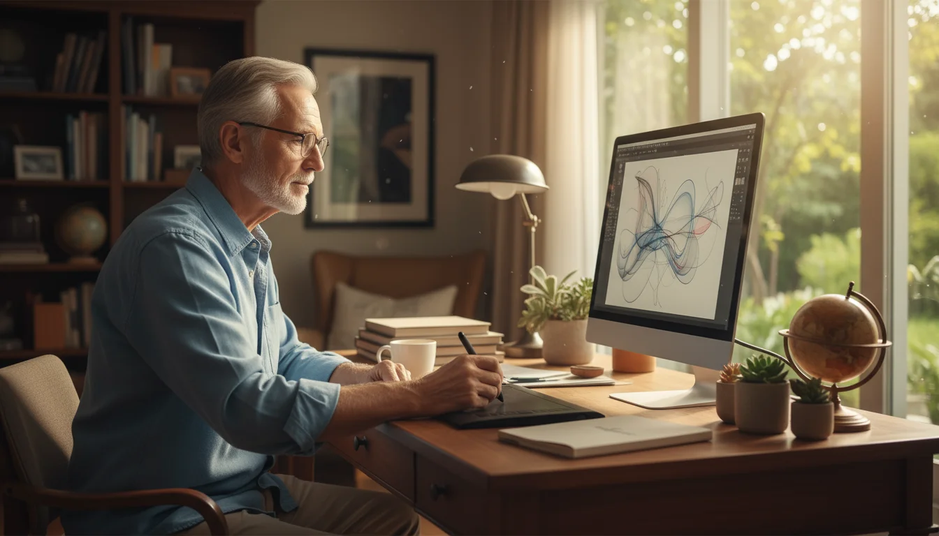 An older man with glasses uses a stylus on a graphics tablet to create a digital drawing at his home desk.
