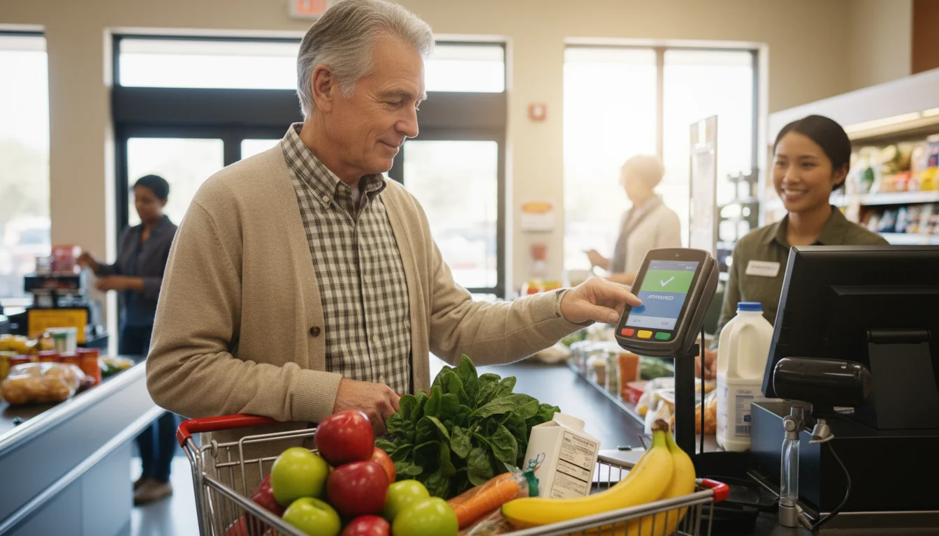 An older man at a grocery checkout taps his EBT card. His cart is filled with fresh fruits, vegetables, milk, and bread.