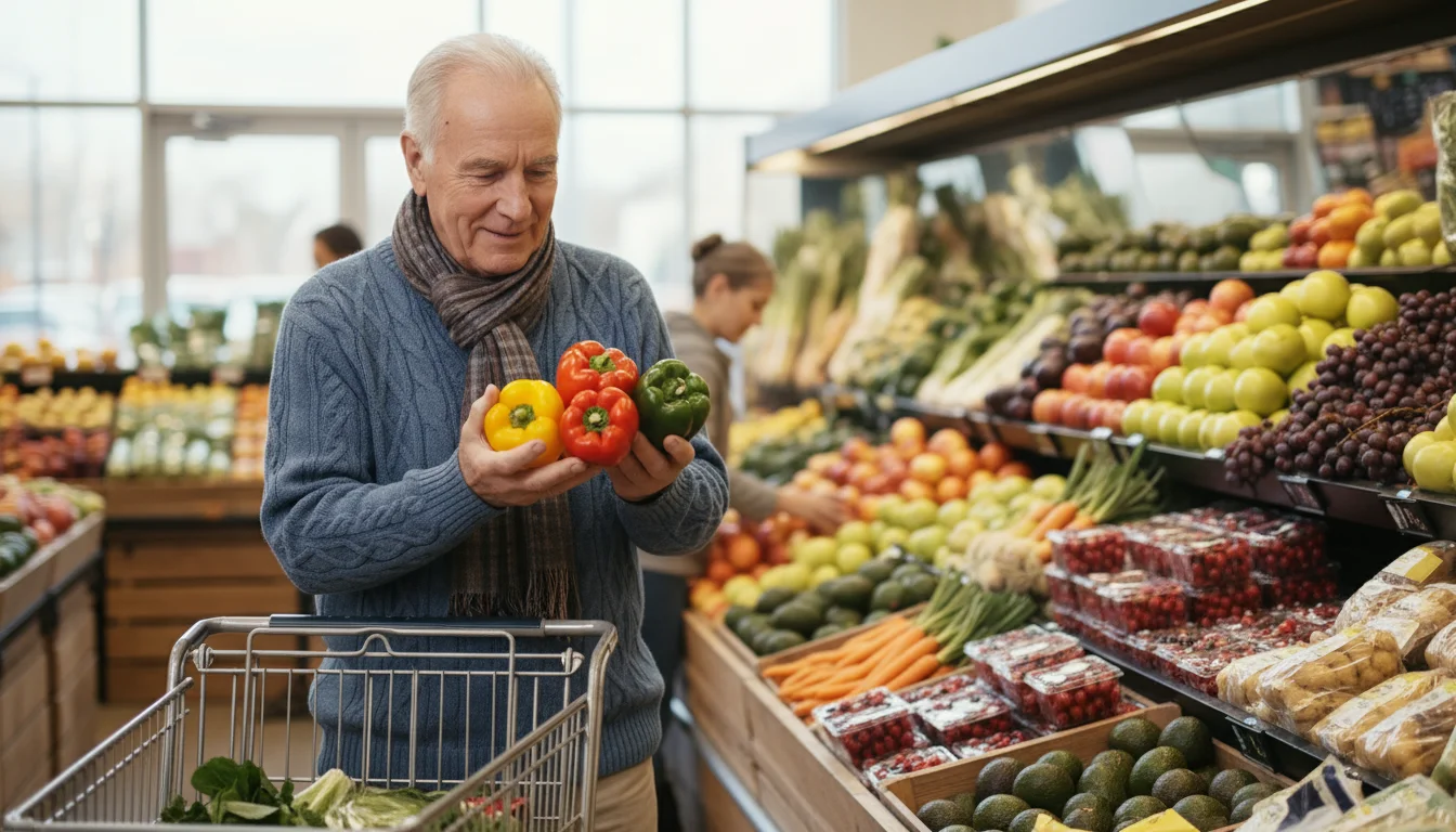 An older man in a grocery store carefully holds vibrant bell peppers in the produce aisle.