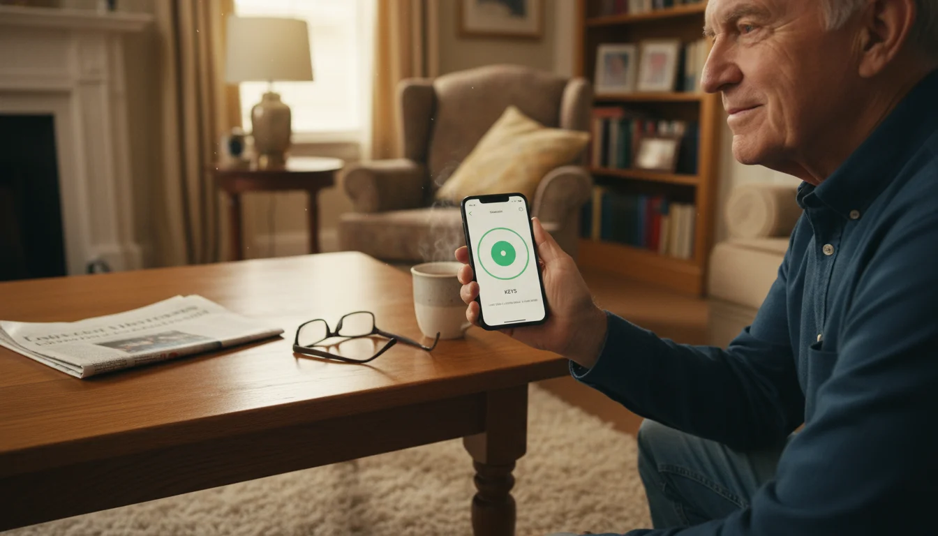 An older man's hand holds a smartphone showing a tracker app. On a coffee table, keys with a small tracker are visible near a newspaper.