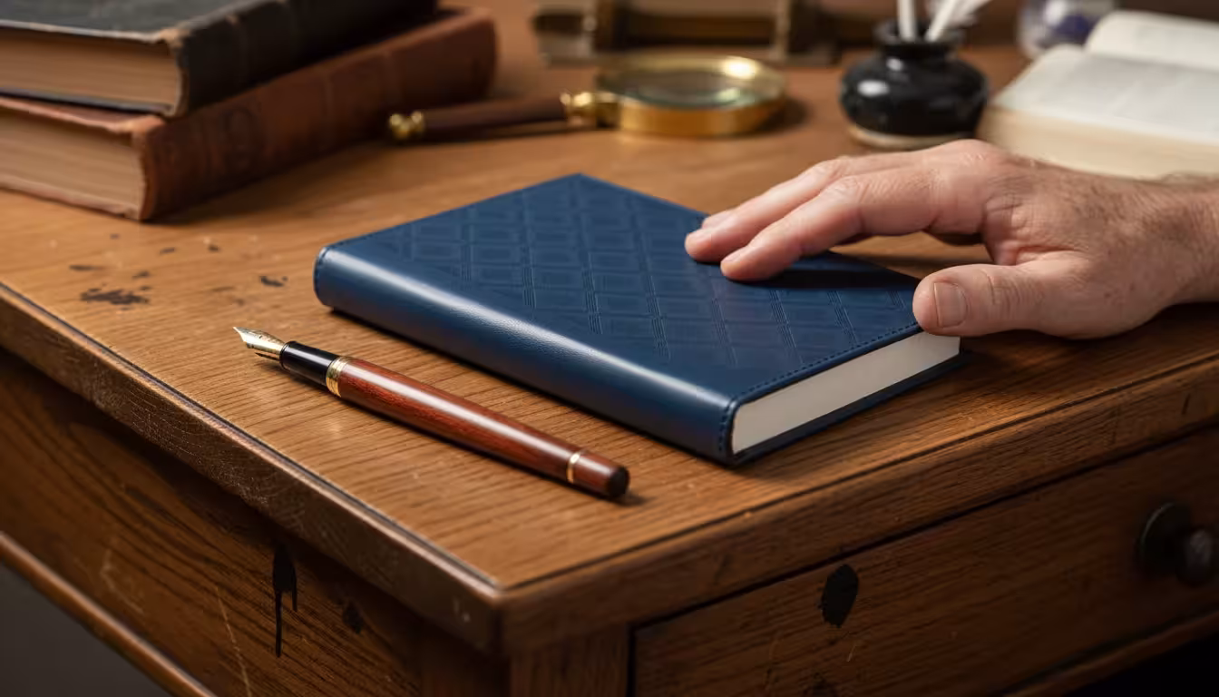 An older man's hand hovers over a new dark blue leather journal and fountain pen on a dusty wooden desk.