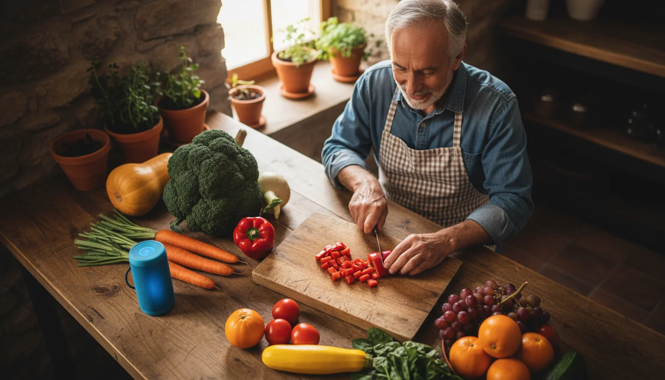 An older man's hands dice a red bell pepper on a cutting board, surrounded by whole fresh vegetables and fruits in a kitchen.