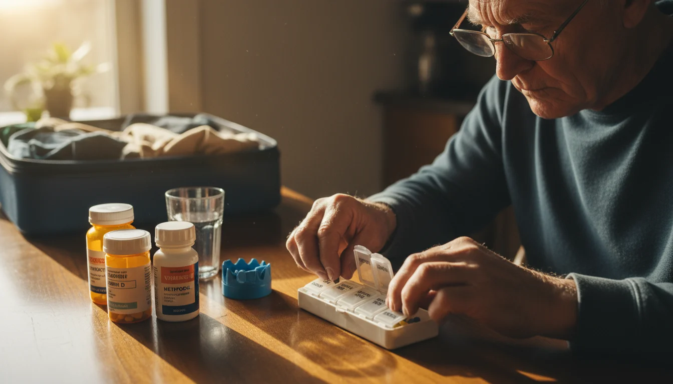 Older man's hands carefully placing pills from bottles into a weekly organizer on a table, with an open suitcase nearby.