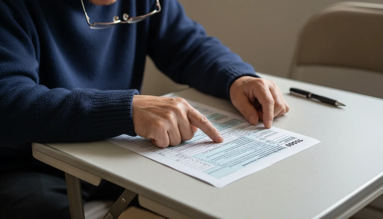 Older man's hands pointing at a blank preparer signature line on a tax form spread on a desk.