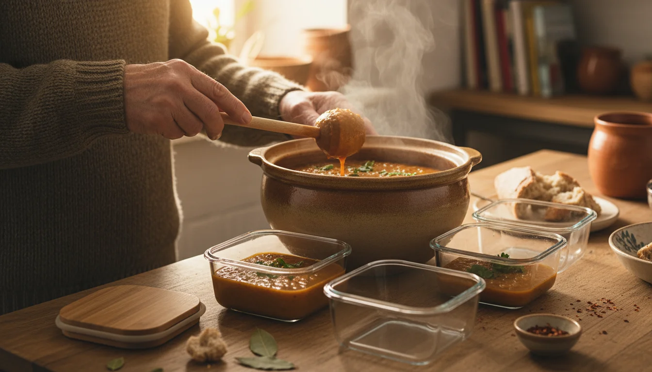 Older man's hands carefully portioning lentil soup into multiple clear glass meal prep containers on a kitchen counter.