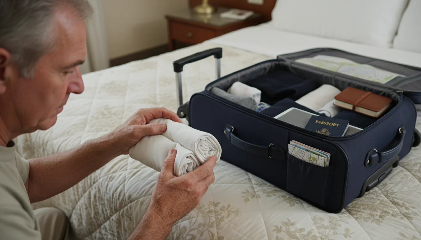 Close-up of an older man's hands carefully rolling light cotton t-shirts for packing into an open carry-on suitcase on a bed.