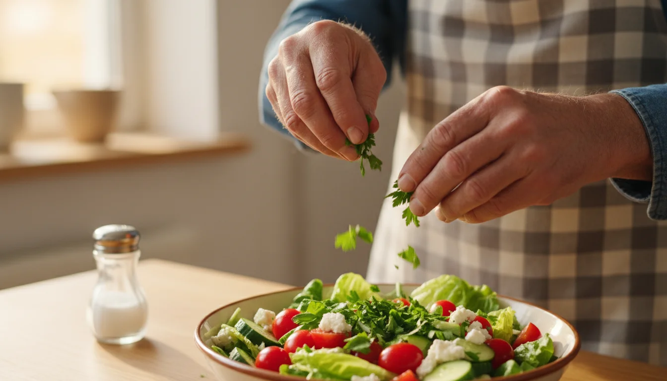 An older man's hands sprinkling fresh herbs over a colorful salad, with a salt shaker on the counter in the background.