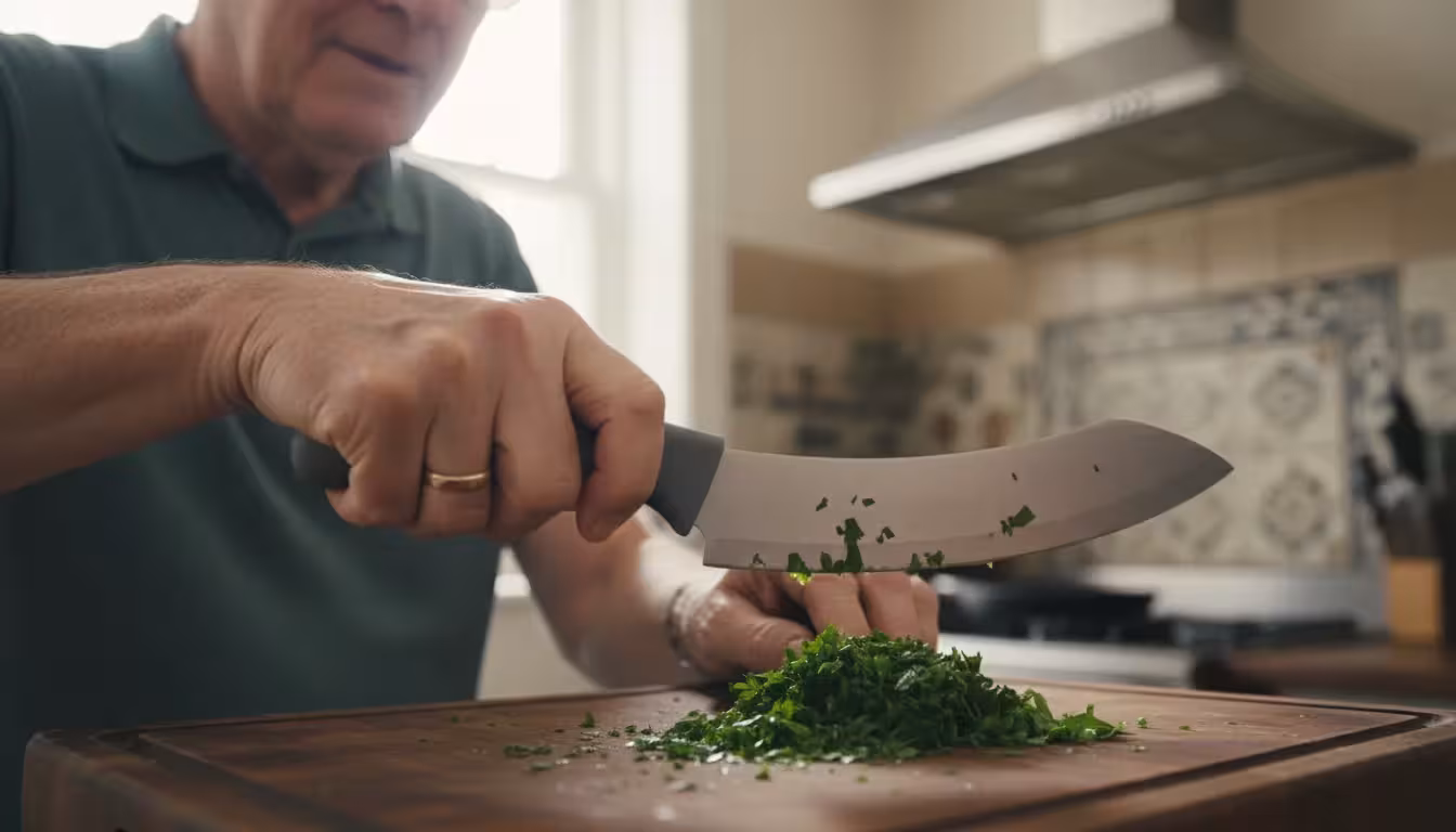 An older man's hands gently use a rocker knife to chop parsley on a wooden board, showcasing an ergonomic kitchen tool.