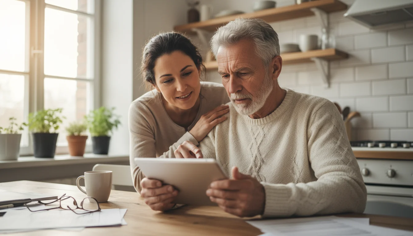 An older man and his adult daughter discuss an app on a tablet at a kitchen table.