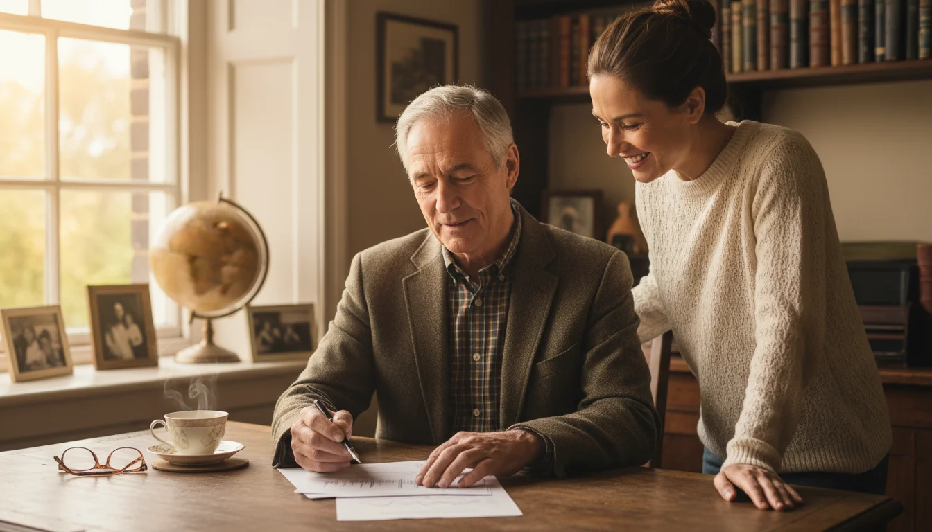An older man and his adult daughter in a home study, looking at a financial document together at a desk.