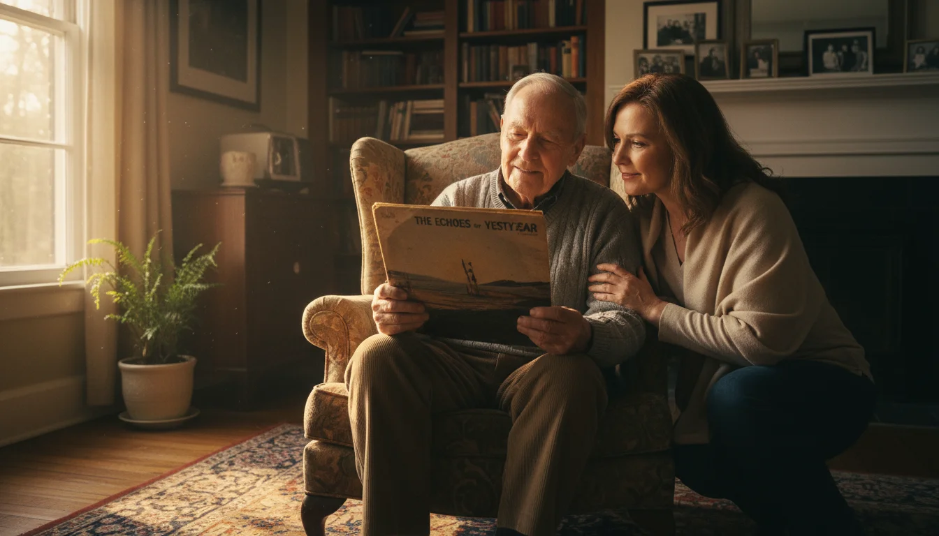 Older man and his adult daughter looking at an old vinyl record album cover in a sunlit living room. Daughter's hand rests gently on his arm.