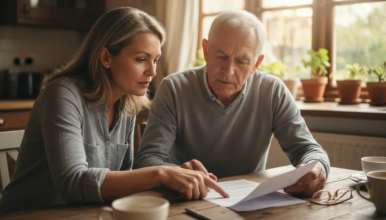 An older man and his adult daughter review financial documents together at a sunlit kitchen table.