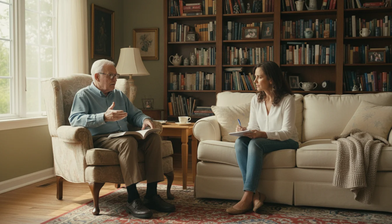 An older man and his adult daughter seated in a warm living room, engaged in a serious conversation about financial planning, with the daughter taking