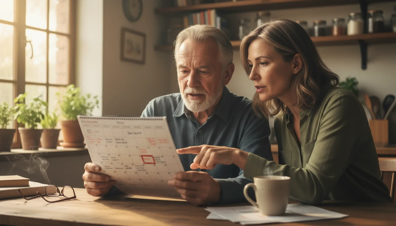 An older man and his adult daughter sit at a kitchen table, looking at a calendar, discussing important dates. Soft sunlight fills the scene.