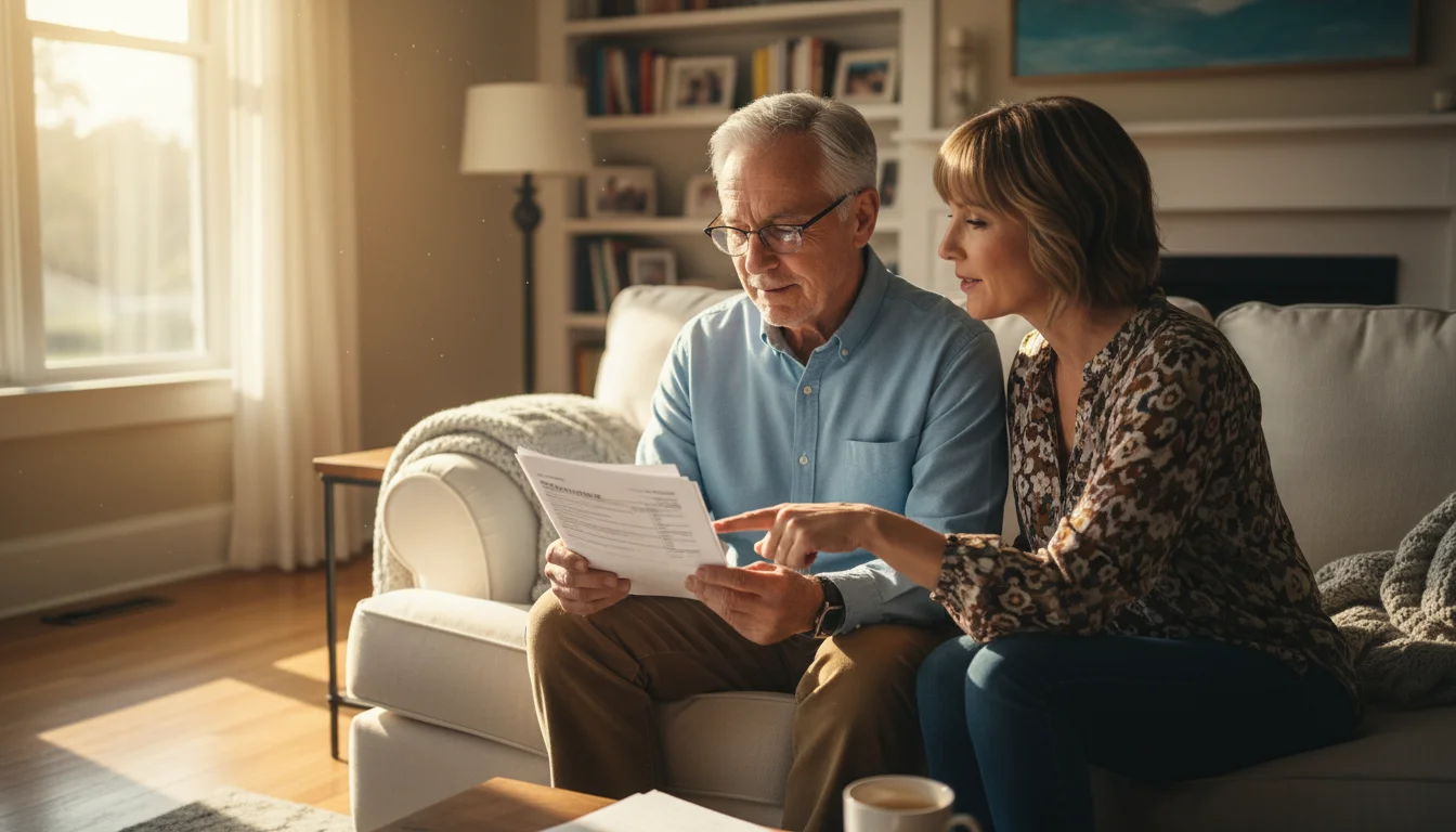 An older man and his adult daughter sit on a sofa, reviewing a document. The daughter points, and the man smiles with understanding.