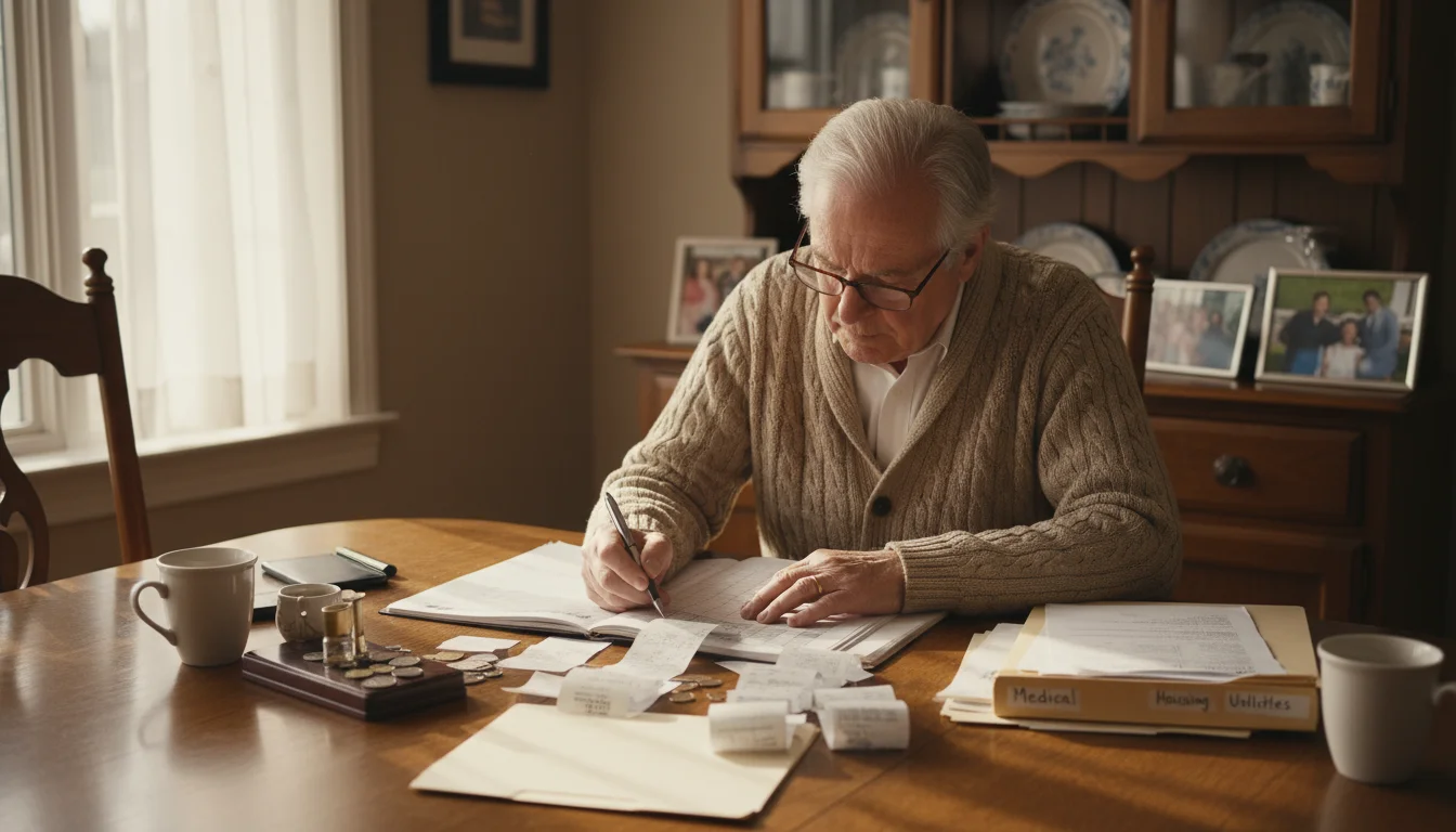 An older man at his dining table meticulously organizes folders and receipts, transcribing figures into a notebook with focused concentration.