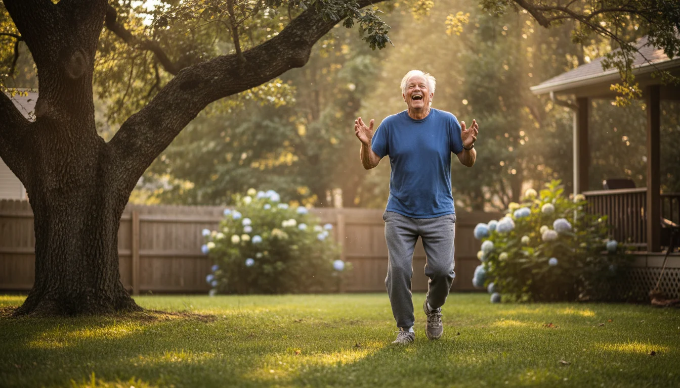 An older man in his 70s joyfully jogging in a sunlit backyard, laughing, while a young girl in a red coat runs ahead, out of focus.