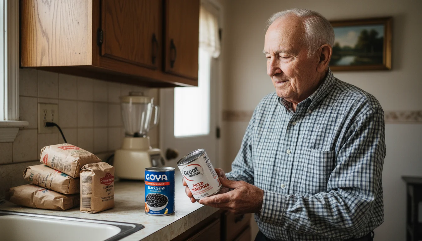 An older man in his kitchen holds a store-brand can of tomatoes, comparing it to a name-brand can of beans nearby. Store-brand flour and sugar bags ar