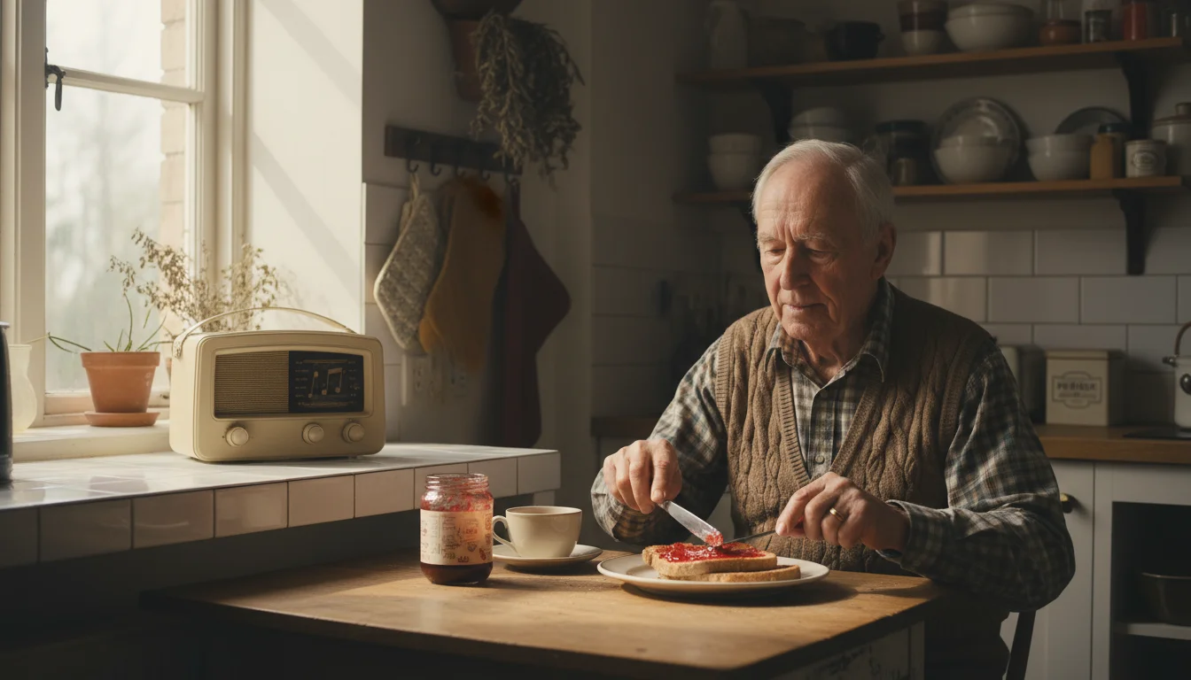 An older man in his kitchen spreads jam on toast. Soft music plays from a small speaker on a nearby counter, with morning sunlight streaming in.