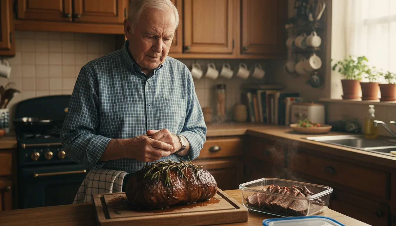 An older man in his kitchen thoughtfully looks at a large pot roast, with some meat already packed into a container.